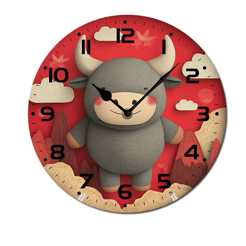 ZXCXRQFa Desk Clocks Cartoon Cattle Animal Wall Clock Silent 10 Inch Round Decorative Battery Operated Non Ticking Wood Quiet Clocks for Bedroom Office School Home