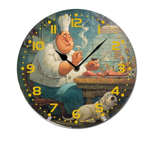 ZXCXRQFa Desk Clocks Cartoon Chef Eating Vintage Silent Non Ticking Round Wood Wall Clocks Battery Operated Easy to Read 10 Inch Decorative Home Decor for Living Room,Bedroom,Kids Room