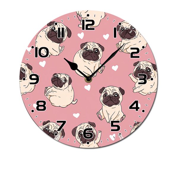 ZXCXRQFa Desk Clocks Cute Pug Dog Pattern Wooden Silent Non-Ticking 10 Inch Round Clocks Battery Operated Analog for Living Room Kitchen Bedroom Bathroom Office Home School Decor