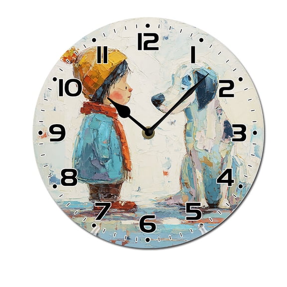 ZXCXRQFa Desk Clocks Dog And Boy Paintting Silent Wall Clock for Living Room Kitchen Decor Bathroom Farmhouse Non Ticking Decorative 10-Inch Round Clocks
