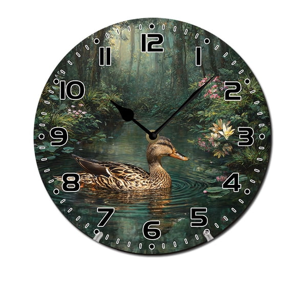 ZXCXRQFa Desk Clocks Duck Swimming In The Water Wooden Silent Non-Ticking 10 Inch Round Clocks Battery Operated Analog for Living Room Kitchen Bedroom Bathroom Office Home School Decor