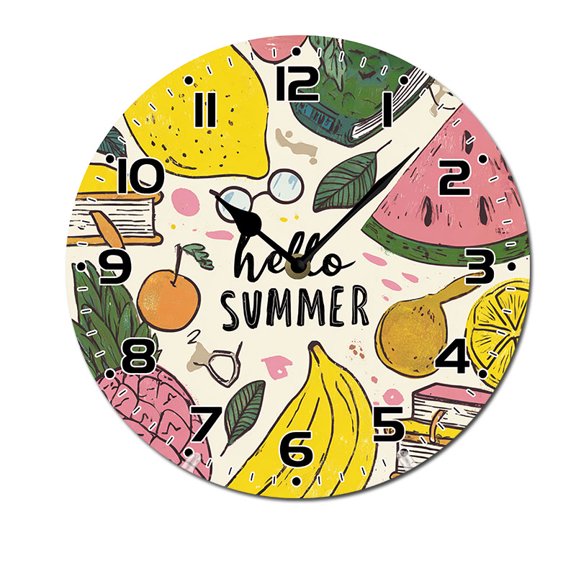 ZXCXRQFa Desk Clocks Hello Summer Fruits Wooden Silent Non-Ticking 10 Inch Round Clocks Battery Operated Analog for Living Room Kitchen Bedroom Bathroom Office Home School Decor
