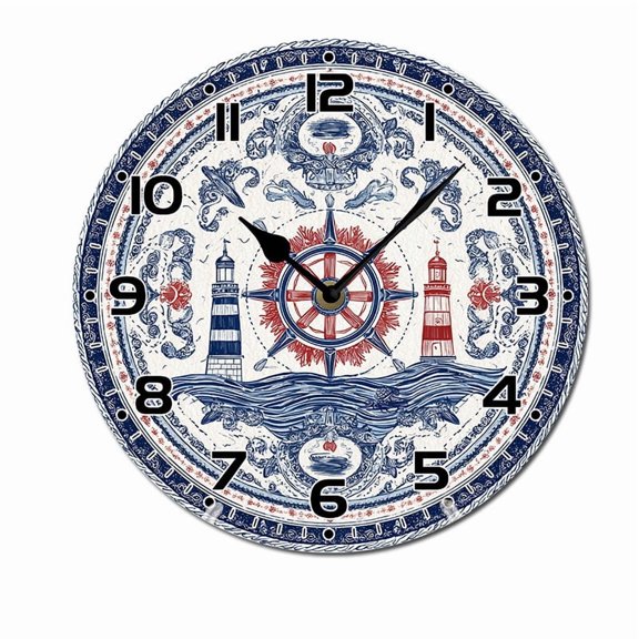 ZXCXRQFa Desk Clocks Ocean Lighthouse Ship Silent Non Ticking Wooden Clock 10 Inch, Round Wall Clock,Decorative for Living Room, Kitchen, Home,Bathroom, Bedroom, Office or School
