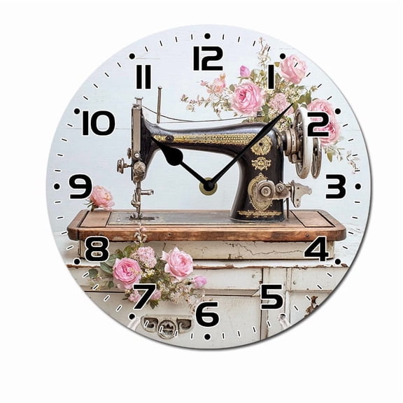ZXCXRQFa Desk Clocks Vintage Sewing Machine Roses Clock Wall Decor Battery Operated Floral Clocks Spring Wall Clocks Round Desk Clock 10 in Non Ticking Analog Bathroom Clocks