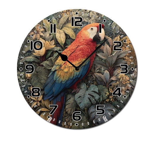 ZXCXRQFa Desk Clocks Watercolor Parrot On Tree Wall Clock Battery Operated Non Ticking Silent Analog Rustic Farmhouse Round Clock Wood Decor for Home Kitchen Living Room Bathroom