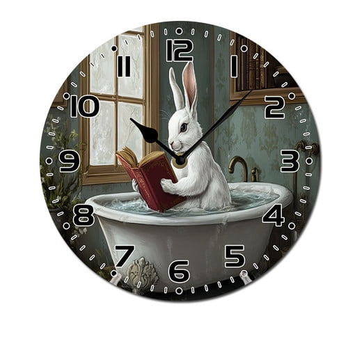 ZXCXRQFa Desk Clocks White Rabbit In A Bathtub Reading Round Wall Clock Daisy Silent Non Ticking Wooden Wall Clocks Battery Operated for Home Office School Decor,10 Inch