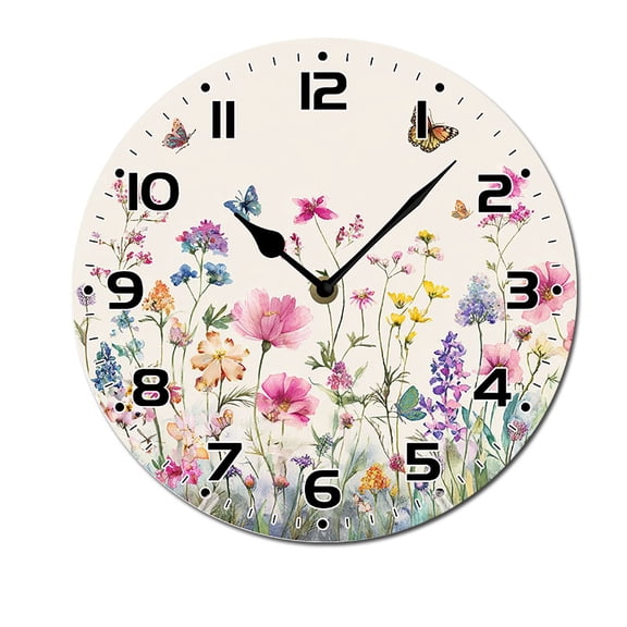 ZXCXRQFa Desk Clocks Wildflower Butterfly Spring Floral Wall Clocks for Living Room Decor,Kitchen Clocks Wall Battery Operated - 10 Inch Round Bathroom Wall Clock Silent Non-Ticking