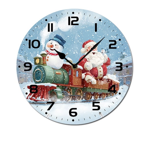 ZXCXRQFa Desk Clocks Xmas Happy Steam Train In Winter Silent Non Ticking Round Wall Clock Home Decor Battery Operated Decorative for Living Room, Kitchen, Bedroom Clock Art