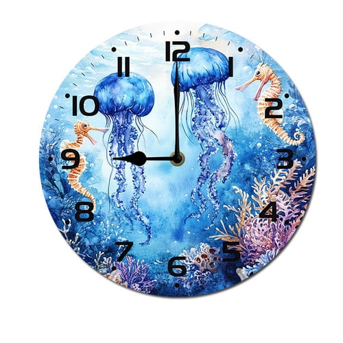 ZXCXRQFa Ellyfish Seahorse Wood Wall Clock Silent Non-Ticking Kitchen Desk Clock Battery Operated Analog Decorative Round Clocks 10 in Garden Home Decor