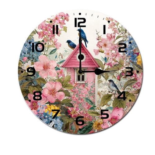 ZXCXRQFa Farmhouse Bird Flower Watercolor Clock Home Decor Round Wood 10 Inch Wall Clocks Non Ticking Silent Clock Art for Living Room Kitchen Bedroom Decorative