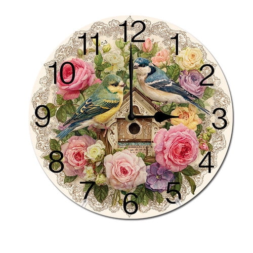 ZXCXRQFa Farmhouse Bird Flower Watercolor Wall Clocks Battery Operated 10 Inch Silent Non-Ticking Quiet Desk Clock Decor for Living Room Home Office School Kitchen