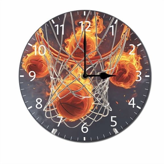 ZXCXRQFa Flaming Basketball Sport Wall Clock Silent 10 Inch Round Decorative Battery Operated Non Ticking Wood Quiet Clocks for Bedroom Office School Home
