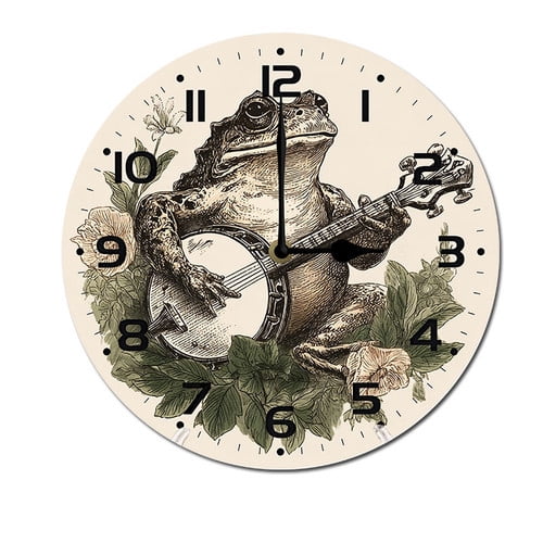 ZXCXRQFa Frog Playing Banjo Silent Wall Clock Round - Non-Ticking Desk Clock Battery Operated Quiet Decorative for Living Room Home Office School Kitchen (10In)