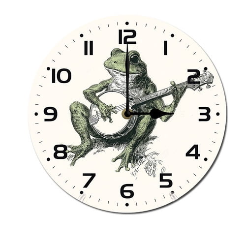 ZXCXRQFa Frog Playing Banjo Wall Clock Silent 10 Inch Battery Operated Non Ticking Round Decorative Wood Quiet Clocks for Bedroom Office School Home