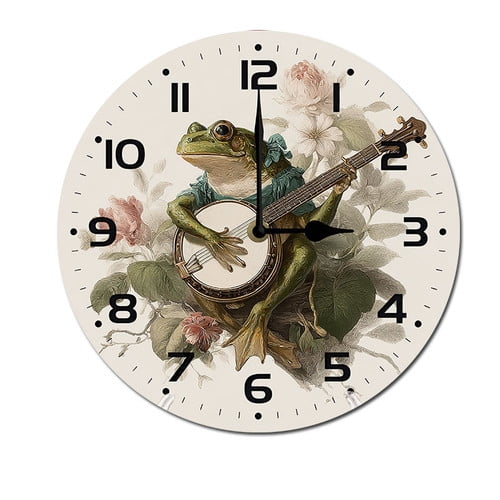 ZXCXRQFa Frog Playing Banjo Wall Clock Silent 10 Inch Round Decorative Battery Operated Non Ticking Wood Quiet Clocks for Bedroom Office School Home