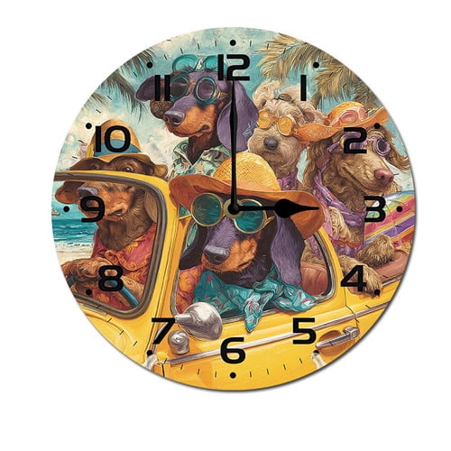 ZXCXRQFa Funny Dachshund Driving A Car Silent Non Ticking Wooden Clock 10 Inch, Round Wall Clock,Decorative for Living Room, Kitchen, Home,Bathroom, Bedroom, Office or School