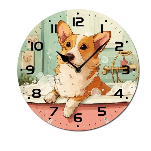ZXCXRQFa Funny Dog Watercolor In Bathbub Clock Wall Decor Battery Operated Floral Clocks Spring Wall Clocks Round Desk Clock 10 in Non Ticking Analog Bathroom Clocks