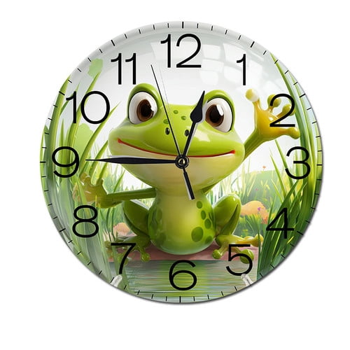 ZXCXRQFa Funny Green Frog PVC Wall Clock Silent Non-Ticking Kitchen Desk Clock Battery Operated Analog Decorative Round Clocks 10 in Garden Home Decor
