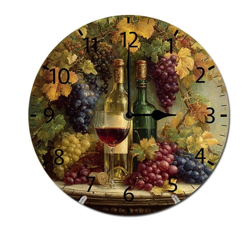 ZXCXRQFa Grapes Wine Glass Bottle 10" Retro Vintage Clock Non-Ticking Silent Wood Wall Clocks Battery Operated Decor Retro Design for Kitchen/Living Room/Bedroom/Farmhouse