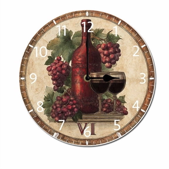 ZXCXRQFa Grapes Wine Glass Bottle 10" Retro Vintage Clock Non-Ticking Silent Wood Wall Clocks Battery Operated Decor Retro Design for Kitchen/Living Room/Bedroom/Farmhouse