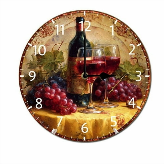 ZXCXRQFa Grapes Wine Glass Bottle Home Decor Butterfly Round Wood 10 Inch Wall Clock Non Ticking Silent Clock Art for Living Room Kitchen Bedroom Decorative