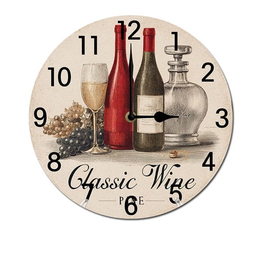ZXCXRQFa Grapes Wine Glass Bottle Round Wood Wall Clock, 10 Inch Battery Operated Analog Quiet Desk Clock for Home,Kitchen,Office,School,Bathroom