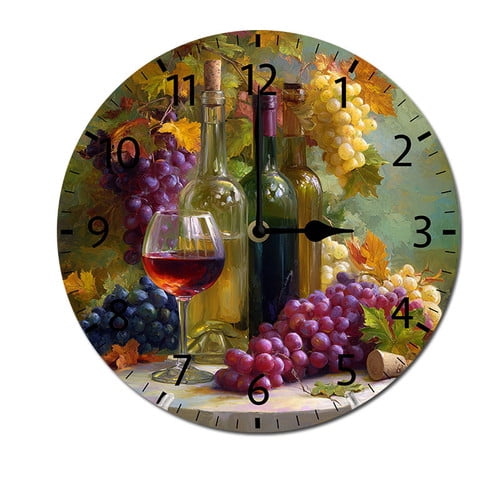 ZXCXRQFa Grapes Wine Glass Bottle Theme Battery Operated Silent Wall Clock Decor for Home, Kitchen, Living Room, Office, Bedroom, or Bathroom (10 Inch）