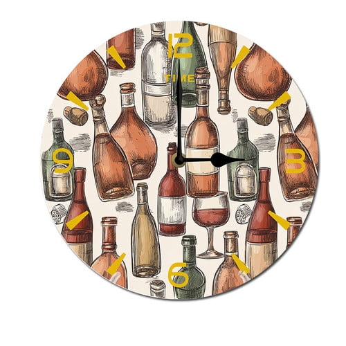 ZXCXRQFa Grapes Wine Glass Bottle Wall Clock Battery Operated Non Ticking Silent Analog Rustic Farmhouse Round Clock Wood Decor for Home Kitchen Living Room Bathroom
