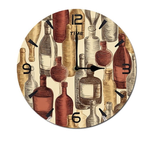 ZXCXRQFa Grapes Wine Glass Bottle Wall Clock Battery Operated Non Ticking Silent Analog Rustic Farmhouse Round Clock Wood Decor for Home Kitchen Living Room Bathroom