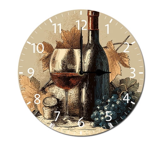 ZXCXRQFa Grapes Wine Glass Bottle Wall Clock Non Ticking Silent Kitchen Clock Round Battery Operated Clocks 10 inch for Living Room Bedroom Decor