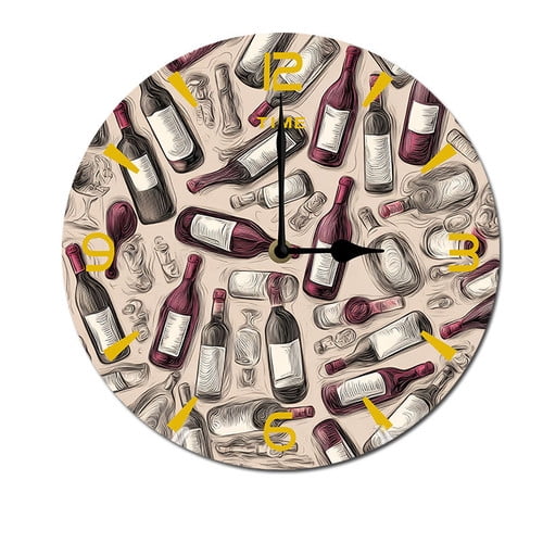 ZXCXRQFa Grapes Wine Glass Bottle Wall Clock Non Ticking Silent Kitchen Clock Round Battery Operated Clocks 10 inch for Living Room Bedroom Decor
