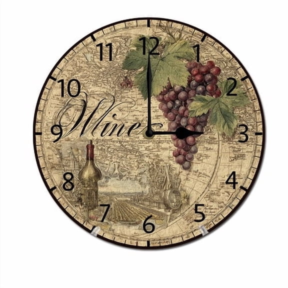 ZXCXRQFa Grapes Wine Glass Bottle Wall Clock Silent 10 Inch Round Decorative Battery Operated Non Ticking Wood Quiet Clocks for Bedroom Office School Home