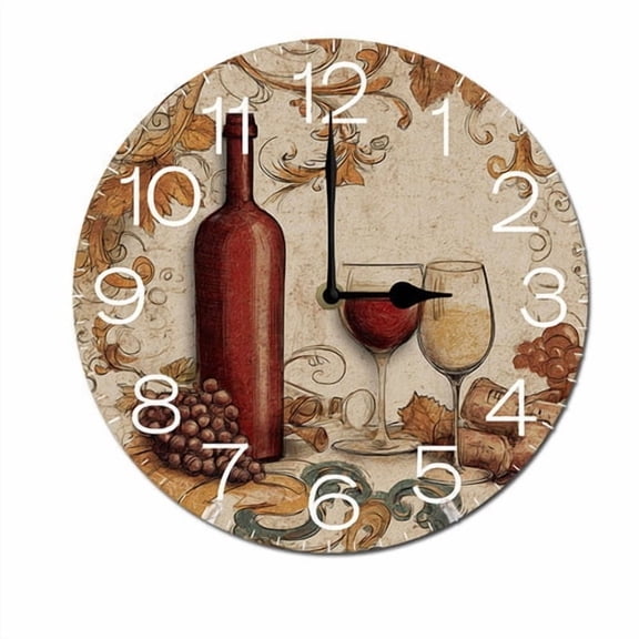 ZXCXRQFa Grapes Wine Glass Bottle Wood Wall Clock Silent Non-Ticking Kitchen Desk Clock Battery Operated Analog Decorative Round Clocks 10 in Garden Home Decor