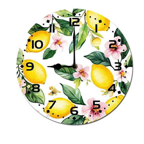 ZXCXRQFa Green Leaf Lemon Round Wood Wall Clock, 10 Inch Battery Operated Analog Quiet Desk Clock for Home,Kitchen,Office,School,Bathroom