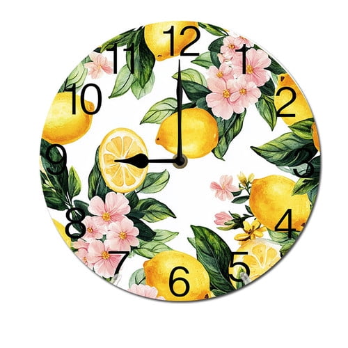 ZXCXRQFa Green Leaf Lemon Silent Wall Clocks for Living Room Kitchen Decor Bathroom Farmhouse Non Ticking Decorative Clock 10-Inch Round Clocks