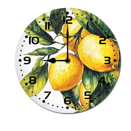 ZXCXRQFa Green Leaf Lemon Wood Wall Clock Silent Non-Ticking Kitchen Desk Clock Battery Operated Analog Decorative Round Clocks 10 in Garden Home Decor