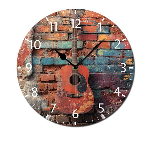 ZXCXRQFa Guitar Themed Wood Wall Clock Silent Non-Ticking Kitchen Desk Clock Battery Operated Analog Decorative Round Clocks 10 in Garden Home Decor