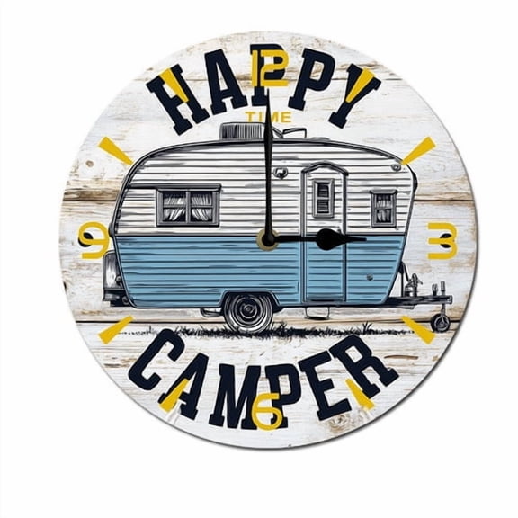 ZXCXRQFa Happy Camper Wall Clock Art Hanging Clocks Silent Non-Ticking Desk Clock Battery Operated Round Home Style Numeral Decorative Wall Clocks