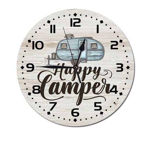 ZXCXRQFa Happy Glamper Summer Camping Kitchen Home 10 Inch Silent Vintage Design Round Wall Clock Numerals Design Non Ticking Retro Clocks Home Decor Desk Clock