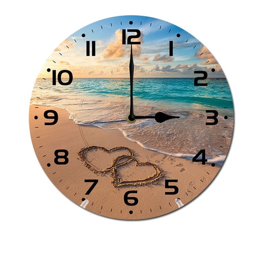 ZXCXRQFa Hearts On A Sandy Beach Wall-Clock for Girls Bedroom Analog Battery Operated 10 Inch - Round Wood Wall Clock Silent Non-Ticking Bathroom Bedroom Decor