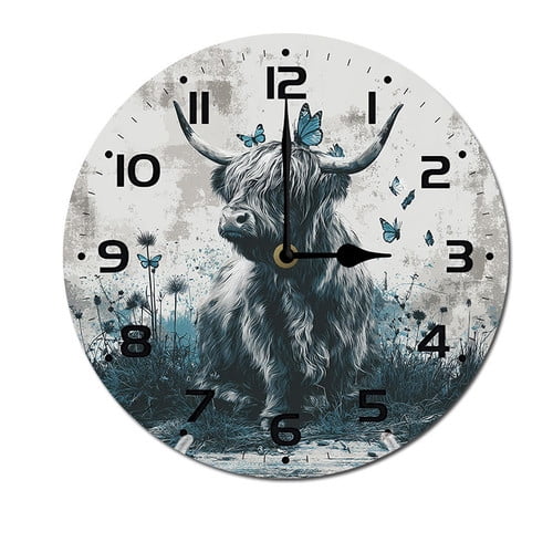 ZXCXRQFa Highland Cow Baby Clock Wall Decor Battery Operated Floral Clocks Spring Wall Clocks Round Desk Clock 10 in Non Ticking Analog Bathroom Clocks