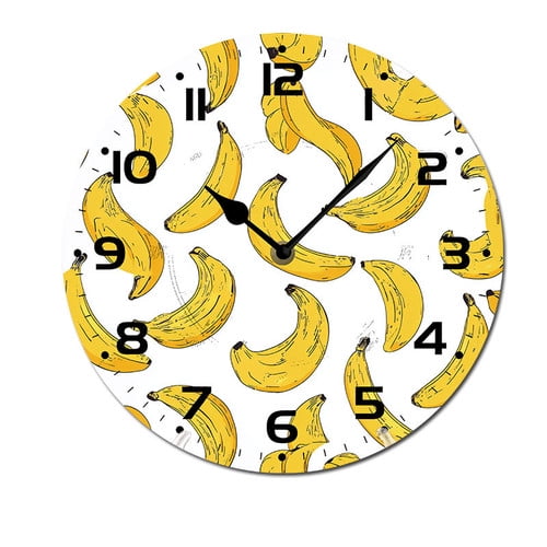 ZXCXRQFa Home Clocks Banana Pattern Fruit Wall Clock Silent 10 Inch Battery Operated Non Ticking Round Decorative Wood Quiet Clocks for Bedroom Office School Home