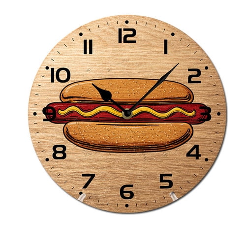 ZXCXRQFa Hot Dog Food Clock Home Decor Round Wood 10 Inch Wall Clocks Non Ticking Silent Clock Art for Living Room Kitchen Bedroom Decorative