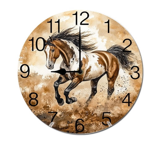 ZXCXRQFa Hourse Field Wildlife Animals Wood Wall Clock Silent Non-Ticking Kitchen Desk Clock Battery Operated Analog Decorative Round Clocks 10 in Garden Home Decor