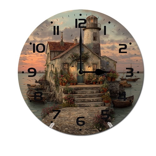 ZXCXRQFa Lighthouse Seagull Sailboat Flowerpot Coastal Kitchen Home 10 Inch Silent Vintage Design Round Wall Clock Numerals Design Non Ticking Retro Clocks Home Decor Desk Clock