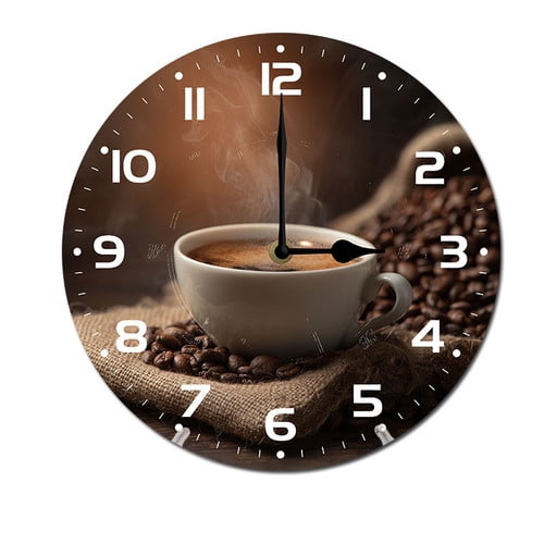 ZXCXRQFa Morning Coffee Brown Wall-Clock for Girls Bedroom Analog Battery Operated 10 Inch - Round Wood Wall Clock Silent Non-Ticking Bathroom Bedroom Decor