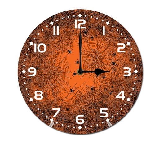 ZXCXRQFa Orange Spider Web Wall Clock Silent 10 Inch Round Decorative Battery Operated Non Ticking Wood Quiet Clocks for Bedroom Office School Home