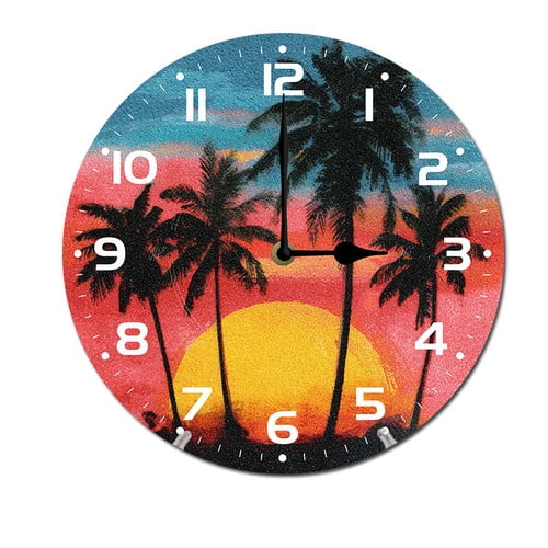 ZXCXRQFa Palm Tree Sunset Wall-Clock for Girls Bedroom Analog Battery Operated 10 Inch - Round Wood Wall Clock Silent Non-Ticking Bathroom Bedroom Decor