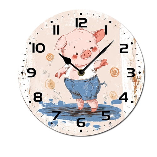 ZXCXRQFa Pig Jumping Wood Wall Clock Silent Non-Ticking Kitchen Desk Clock Battery Operated Analog Decorative Round Clocks 10 in Garden Home Decor