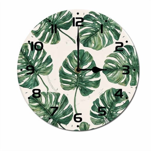 ZXCXRQFa Plant Palm Leaf Leaves Kitchen Home 10 Inch Silent Vintage Design Round Wall Clock Numerals Design Non Ticking Retro Clocks Home Decor Desk Clock